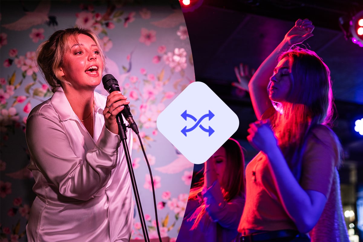 Kaksi naishenkilöä, joista toinen laulaa karaokea ja toinen tanssii. Keskellä Feelmentin vuorotteluominaisuutta kuvaava nuoli-ikoni.