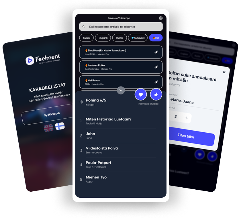 Kolme puhelinta, joiden ruudulla Feelment karaokepalvelun digitaaliset karaokelistat ja kappaleiden etätilaus.