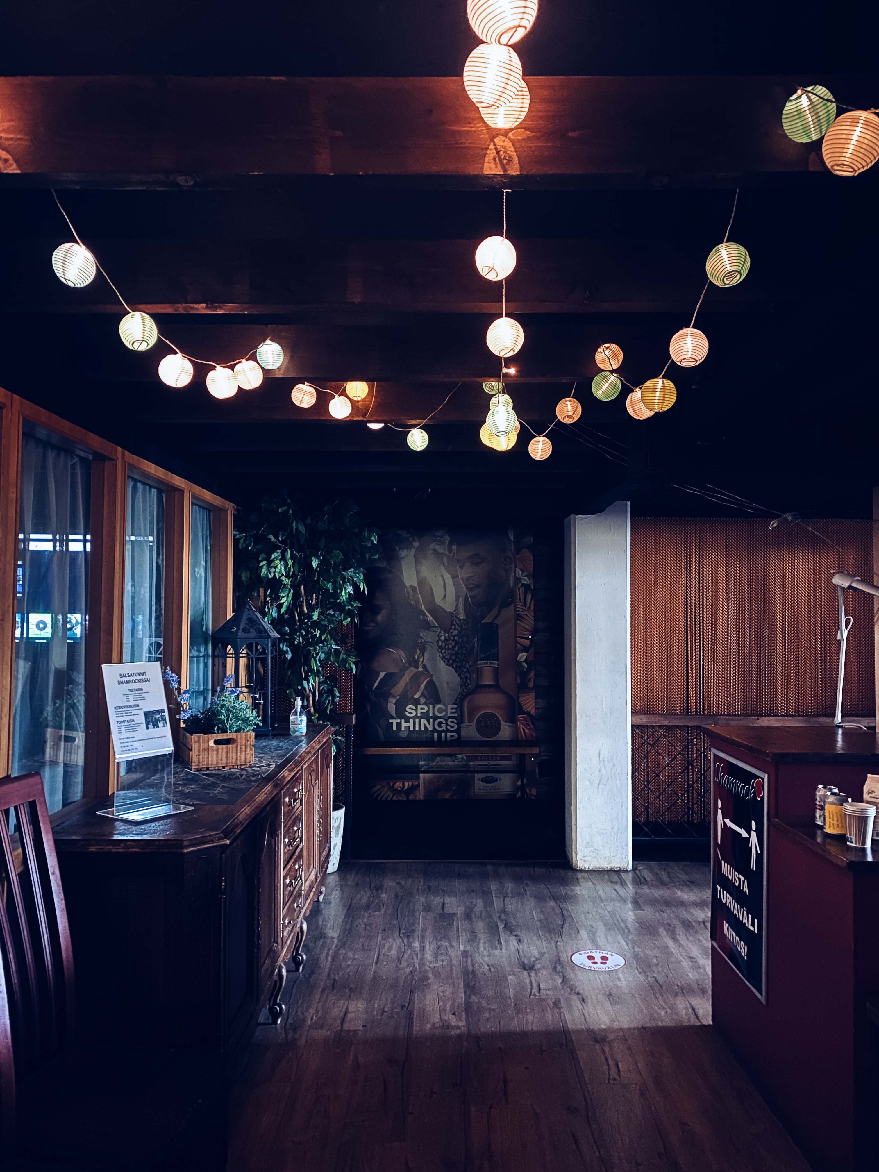 The upper floor corridor of the Shamrock restaurant. Dim mood lighting and furnishings.