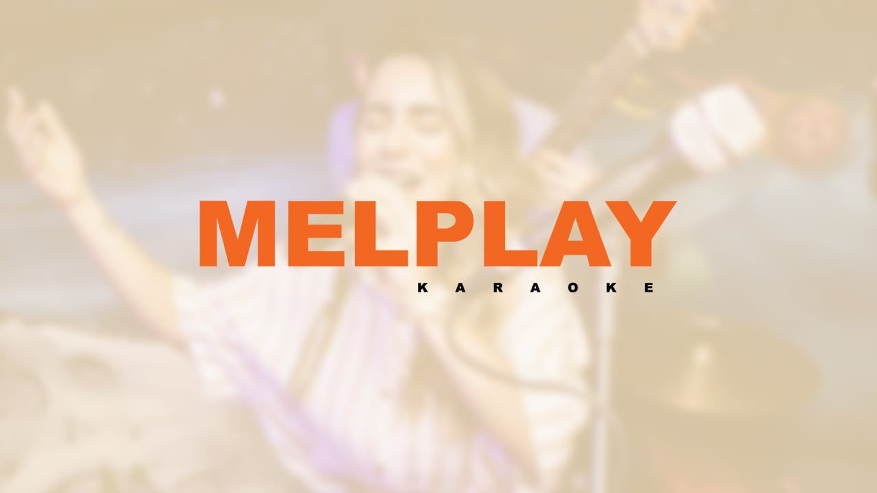 A person singing karaoke. Melplay's logo and text in front of the image.