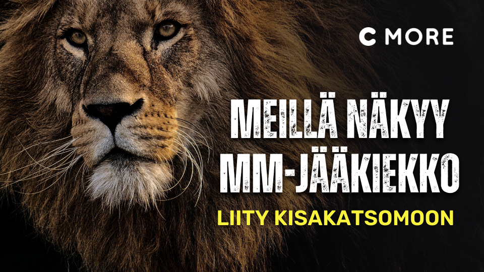 Leijonan kuva ja teksti: meillä näkyy mm-jääkiekko. Liity kisakatsomoon. 