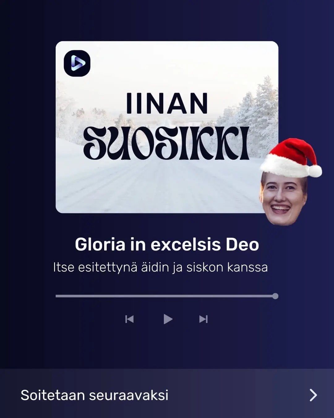 Iinan kuva ja tekstit: Iinan suosikki, Gloria in excelsis Deo, Itse esitettynä äidin ja siskon kanssa.