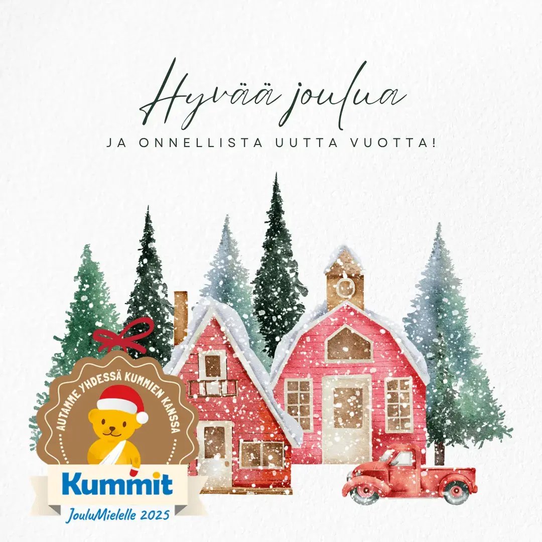 Piirustus, jossa taloja ja puita lumisateessa sekä teksti: Hyvää joulua ja onnellista uutta vuotta!