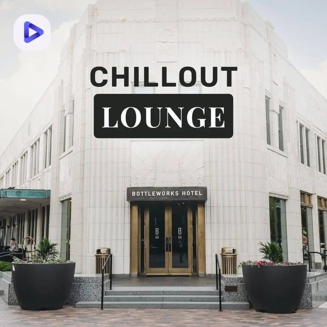 The hotel's exterior doors and the building facade along with the text: Chillout Lounge.