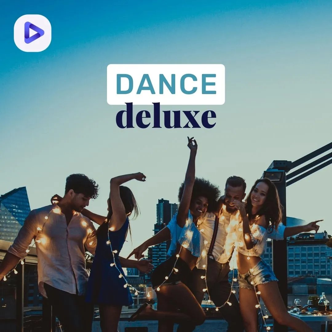 People dancing on a terrace on a summer evening with the text: Dance Deluxe.