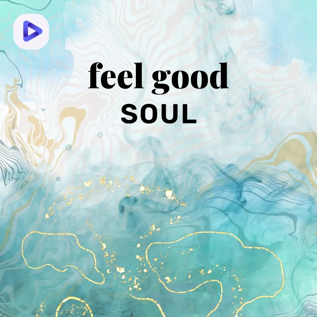 Greenish-blue background with golden lines and the text: Feel Good Soul.