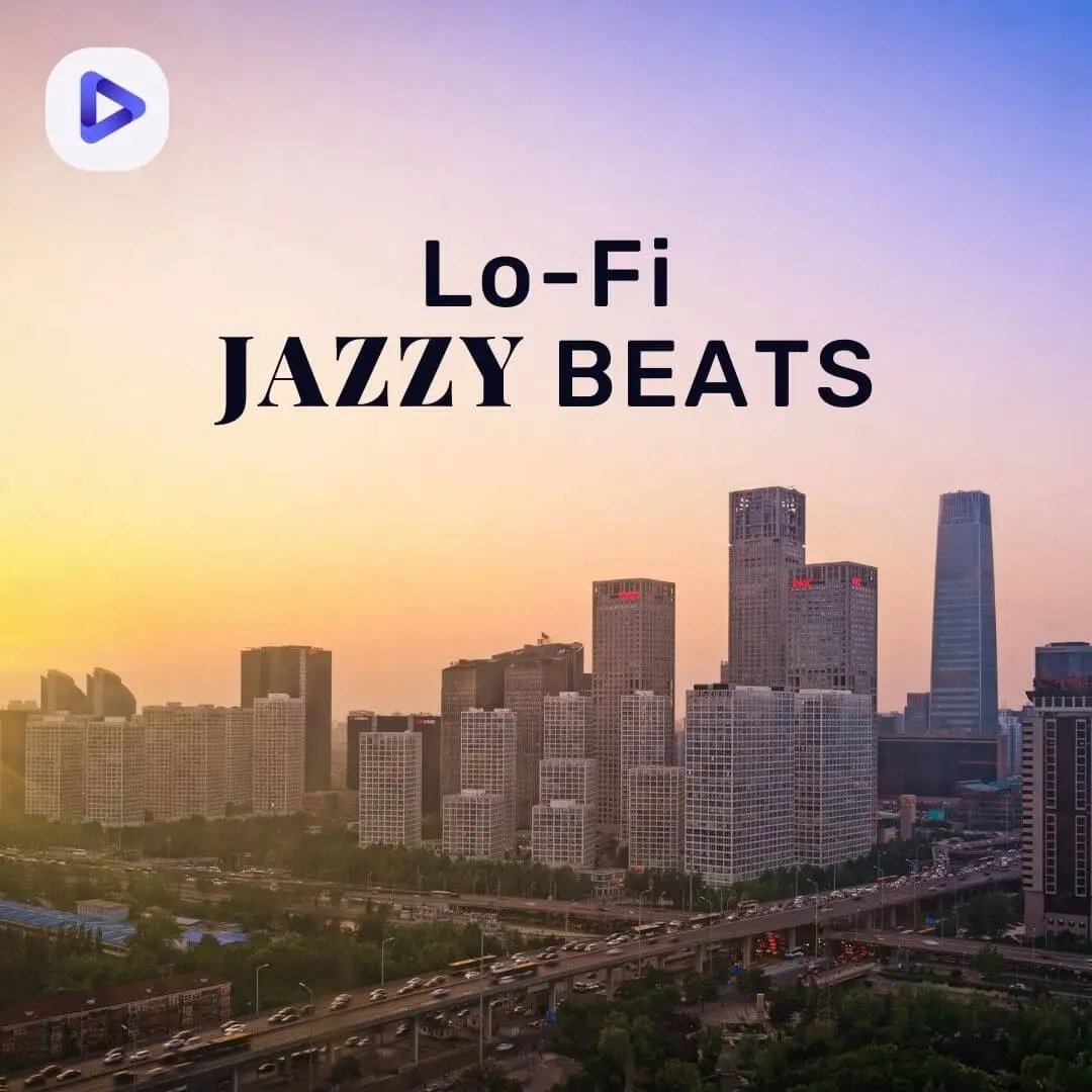Cityscape with the text: Lo-Fi Jazzy Beats.