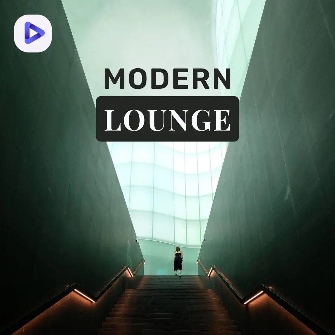 Stairs with a person at the top and the text: Modern Lounge.