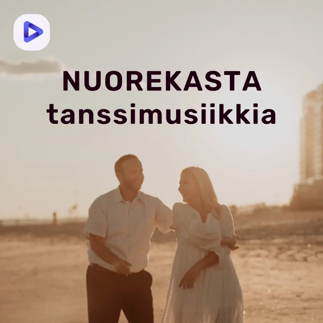 Nuorekasta tanssimusiikkia -soittolistakuvake, jossa pariskunta tanssimassa. Taustalla auringon valoa ja hiekkaa.
