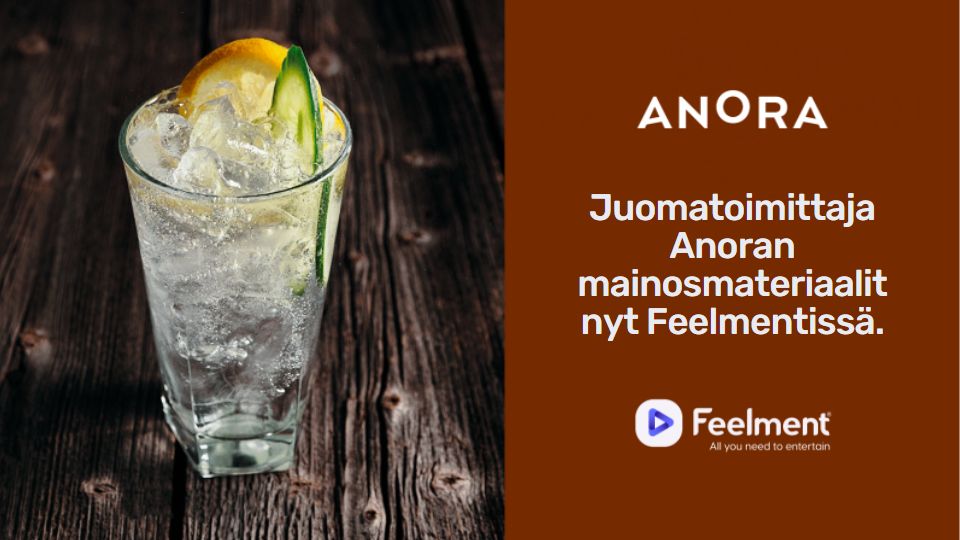 A glass containing ice, lemon slices, and a beverage. Next to it are the logos of Feelment and Anora, along with the text: 'Anora's beverage advertising materials now available on Feelment.