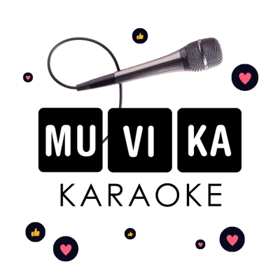 Muvika Karaoken logo. Ympärillä sydämiä ja peukkuja. Yläpuolella mikrofonin kuva.