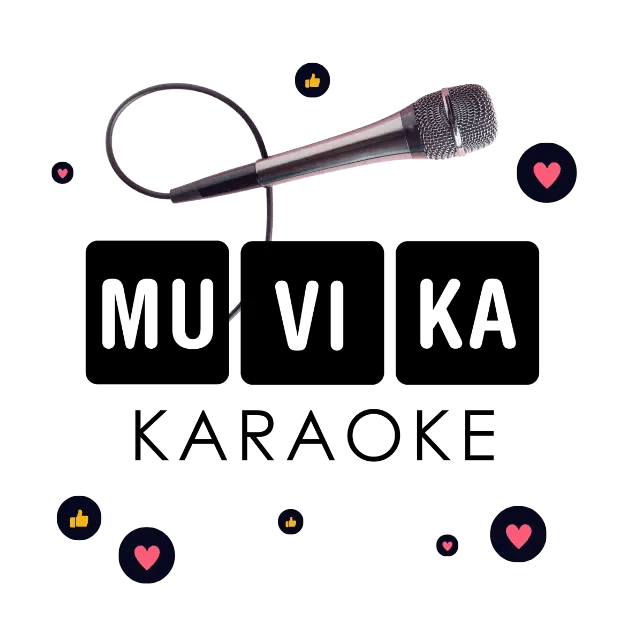 Muvika Karaoken logo. Ympärillä sydämiä ja peukkuja. Yläpuolella mikrofonin kuva.