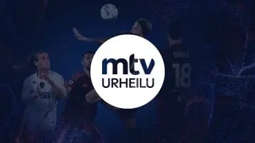 MTV Urheilu logo. Taustalla jalkapalloilijoita.