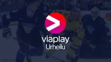 Viaplay Urheilu logo. Taustalla jääkiekon pelitilanne.