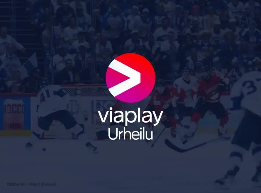 Viaplay Urheilu -logo. Taustalla kuva jääkiekko-ottelusta.