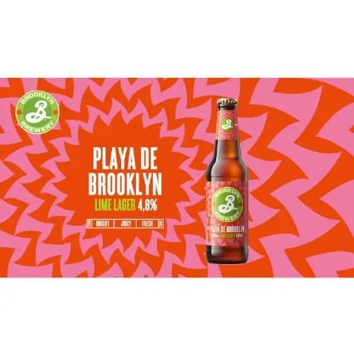 Lasinen olutpullo ja teksti Playa De Brooklyn Lime Lager.