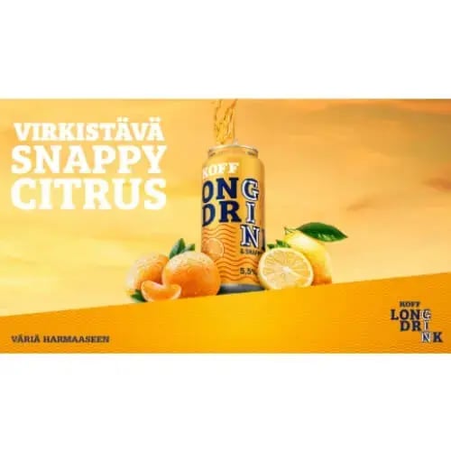 KOFFin tölkki oranssilla taustalla, appelsiinin kuvia ja teksti: Virkistävä Snappy Citrus.