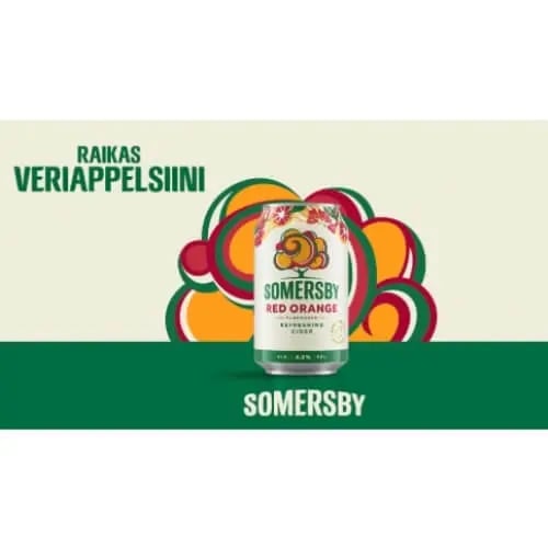 Somersbyn tölkki, logo ja teksti: Raikas veriappelsiini.