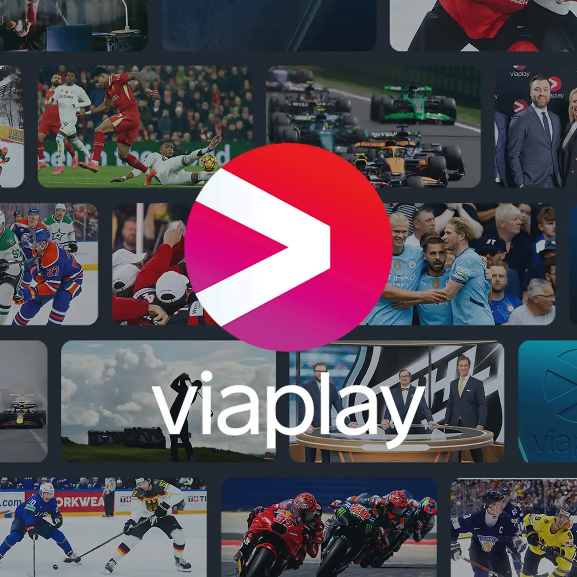 Viaplayn logo, jonka taustalla kollaasi eri urheilulajeista.