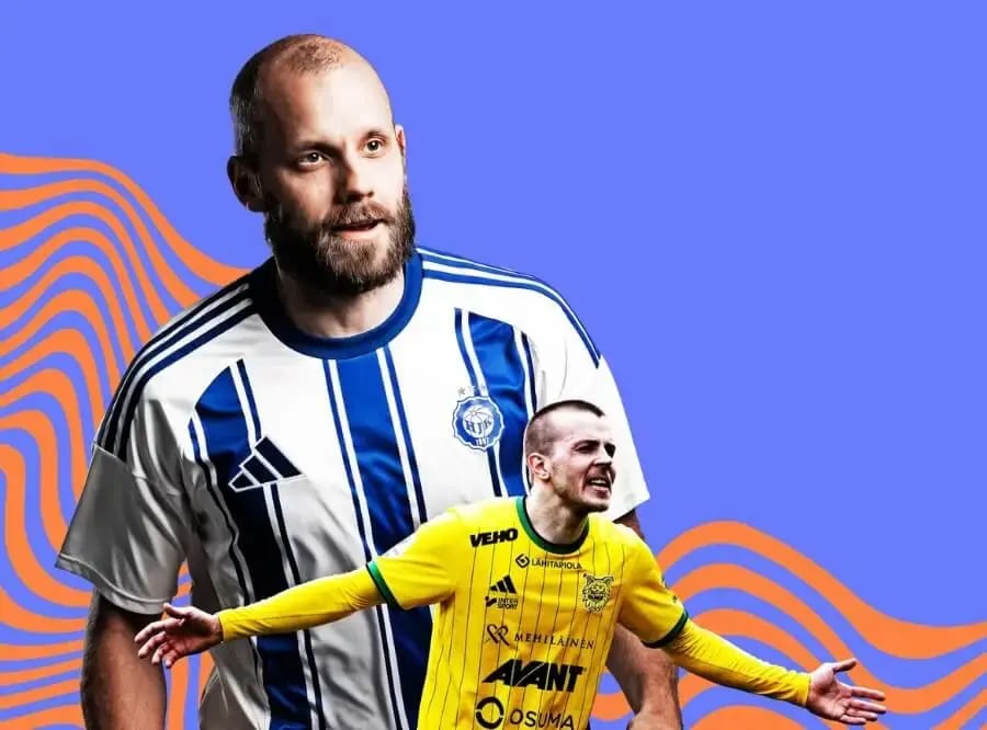 Kaksi Veikkausliigan jalkapalloilijaa sinisen taustan edessä. Alhaalla oranssia kuviota.