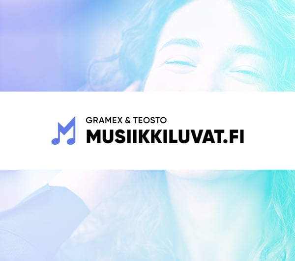 Cover photo of musiikkiluvat.fi. Woman in a purple and teal pastel color backfround with the text: 
