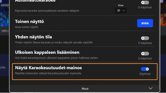 Asetukset Karaokeuutuudet-mainos