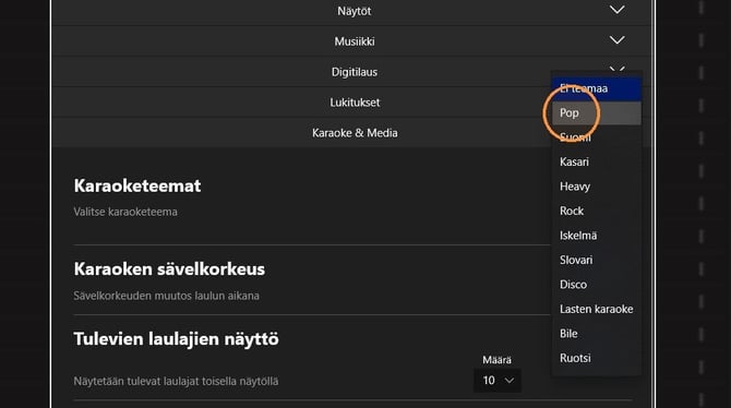 Asetukset Teemakaraoken pudotusvalikko