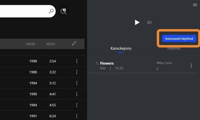 Kuvakaappaus Feelmentin sovelluksen karaokenäkymästä. Ympyröitynä oikeassa reunassa näkyvä teksti Automaatti käytössä.