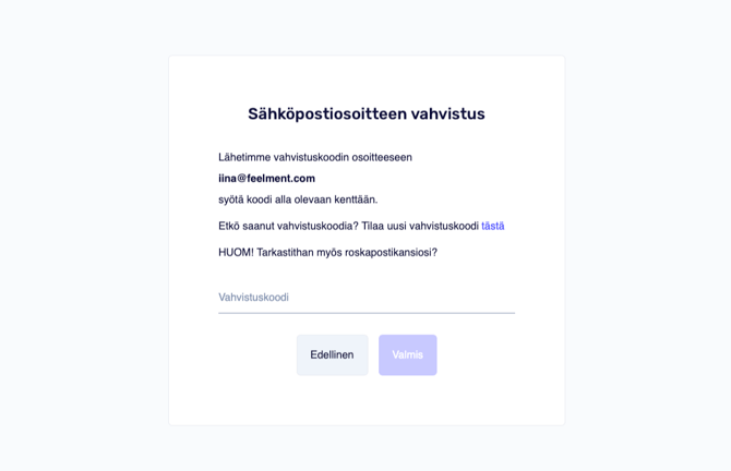 Sähköpostiosoitteen vahvistus -lomake My Feelment -sivustolla.