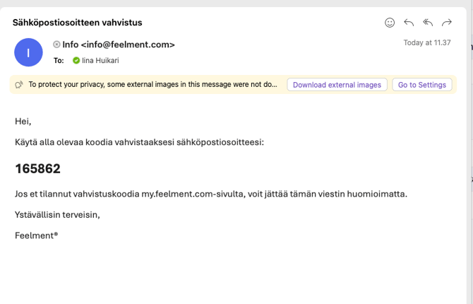 Sähköpostiviesti, jossa näkyy vahvistuskoodi.