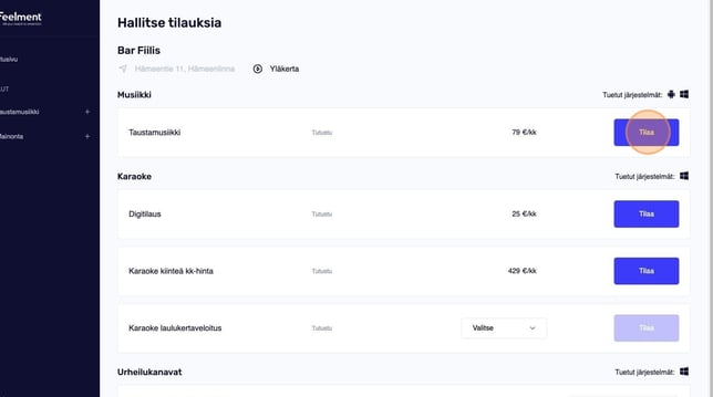 Hallitse tilauksia -näkymä My Feelmentissä.