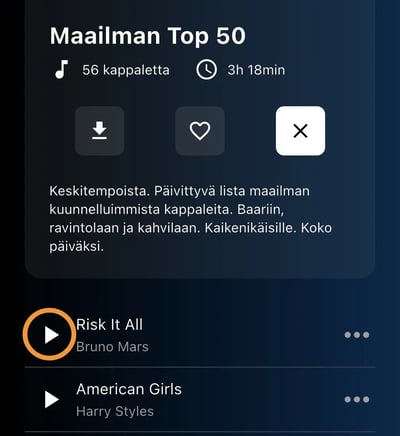 Feelmentin sovelluksessa näkyvä play-painike.
