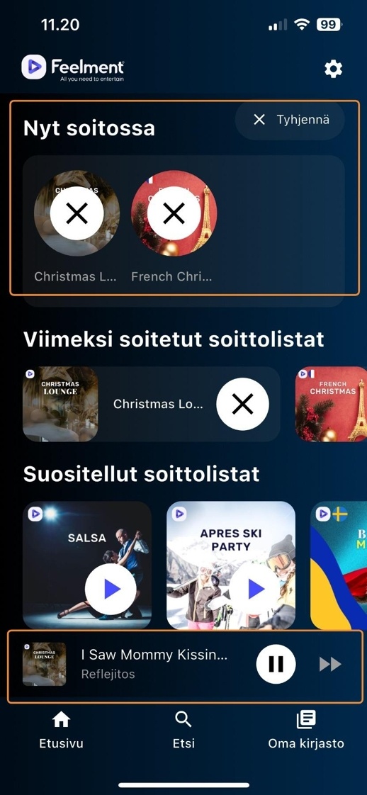 Kuvakaappaus Feelmentin sovelluksen taustamusiikkinäkymästä iPhonella.
