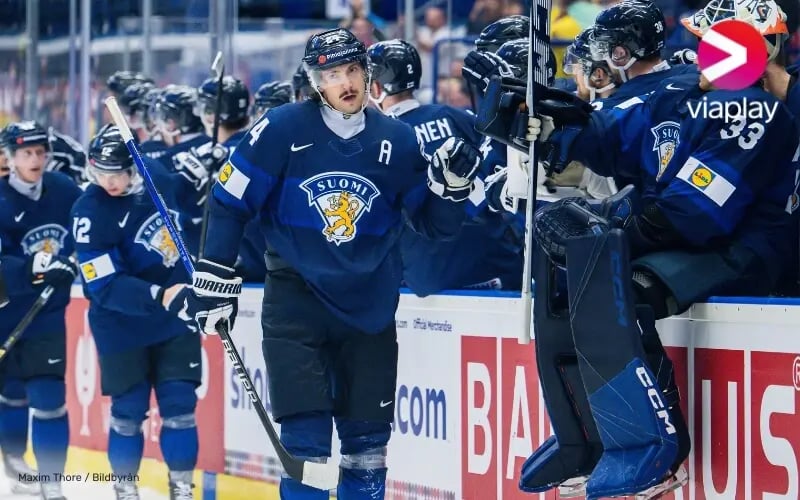 Jääkiekkoilijoita kentän laidassa. Pelipaidoissa leijonan kuva ja teksti 
