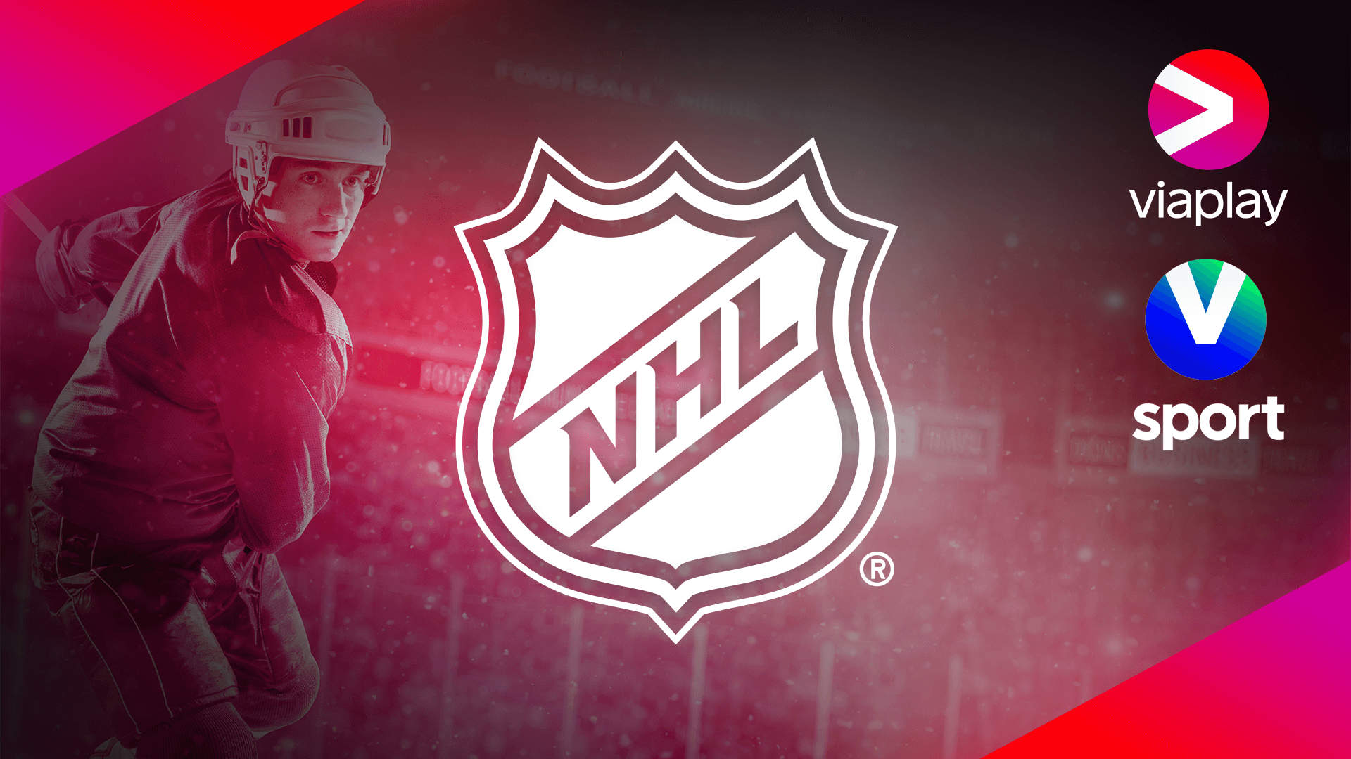 Mainoskuva NHL:stä, jossa taustalla jääkiekkopelaaja. Oikealla puolella kuvaa Viaplayn ja V-sporting logot. 