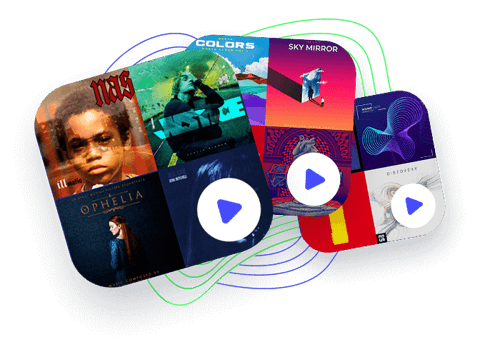 Playlists with colourful cover images, topped with play buttons.