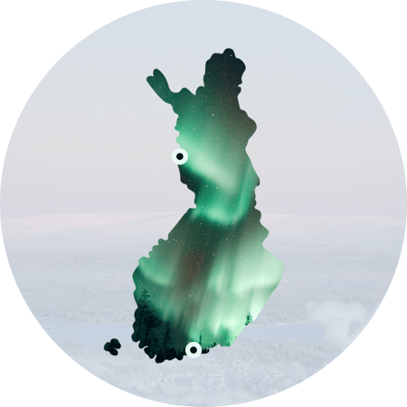 A circular image with a map of Finland in the middle. The map is marked with points for Pello and Helsinki, where Feelment's offices are located.