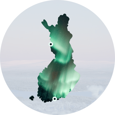 Map of Finland decorated with northern lights.