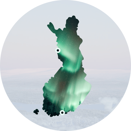 Ympyrän muotoinen kuva jossa keskellä Suomen kartta. Kartalle merkitty pisteet Pellon ja Helsingin kohdalle, jossa sijaitsevat Feelmentin toimipisteet.