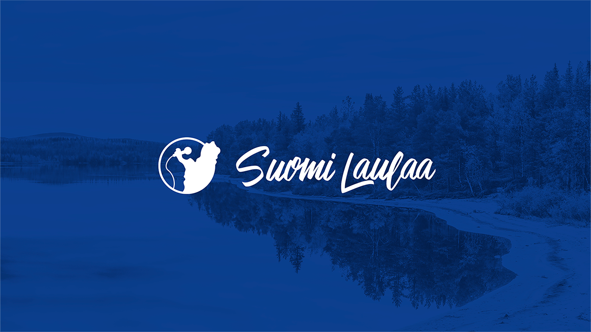 Suomi Laulaa -logo. A lake in the background.
