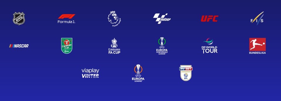 Logos of Viaplay's sports content on a blue background.