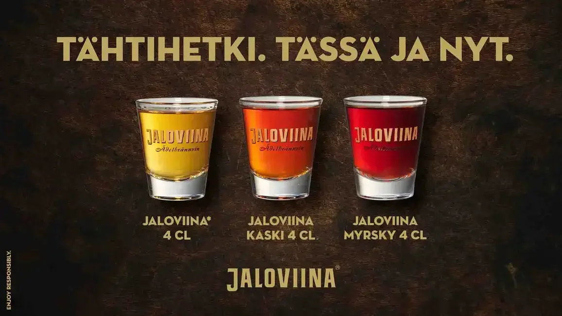 Jaloviina Perus-, Kaski- ja Myrsky-shotit.
